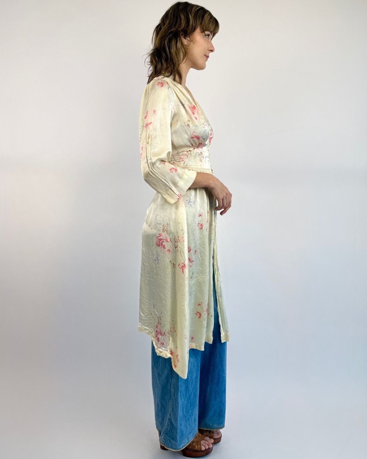 1930s Button Up Buttercup Satin Robe