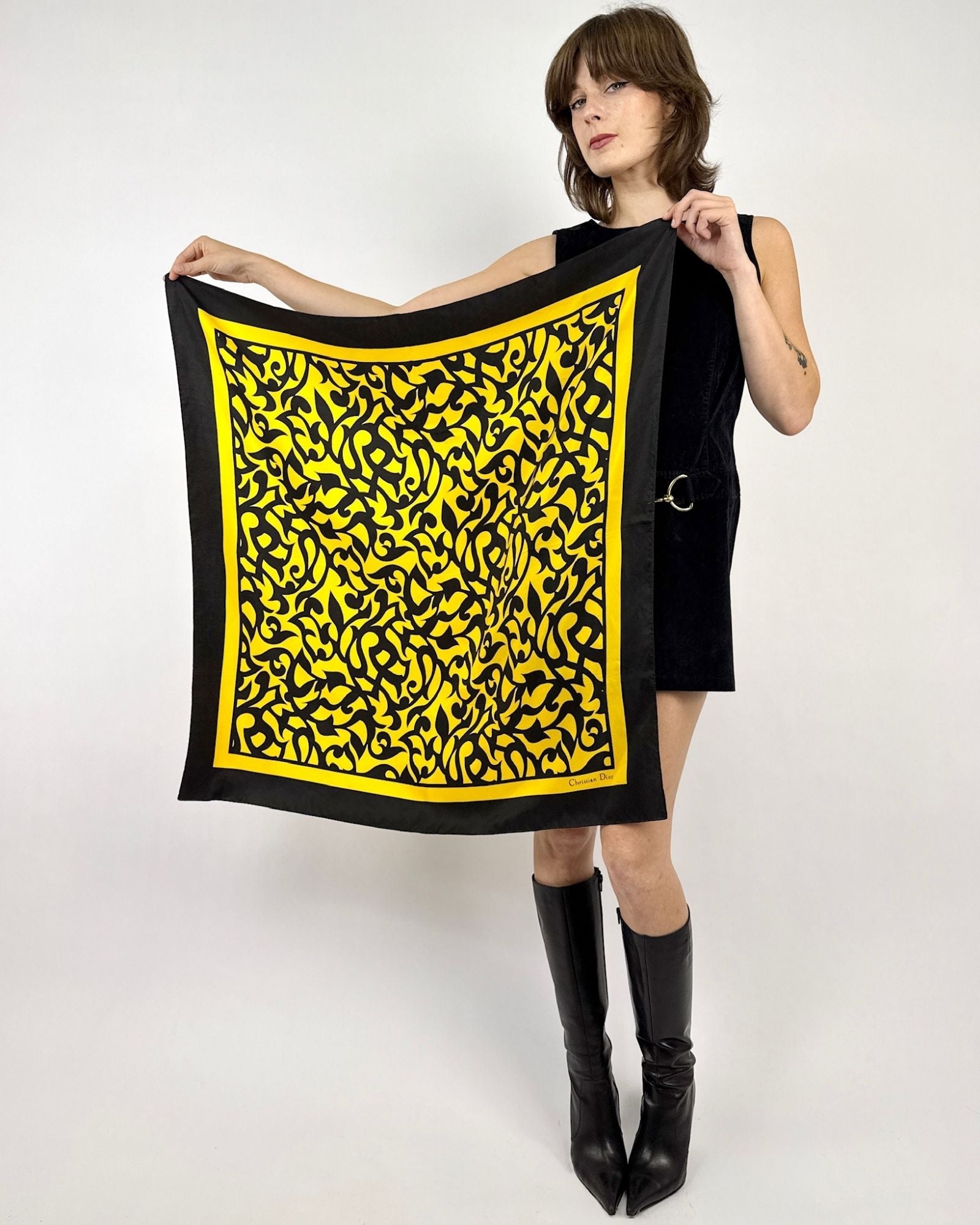 Christian Dior Gold and Black Silk Scarf