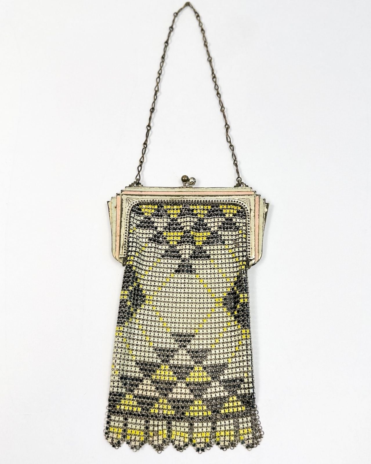 Whiting and Davis Black White and Yellow 20s Mesh Bag