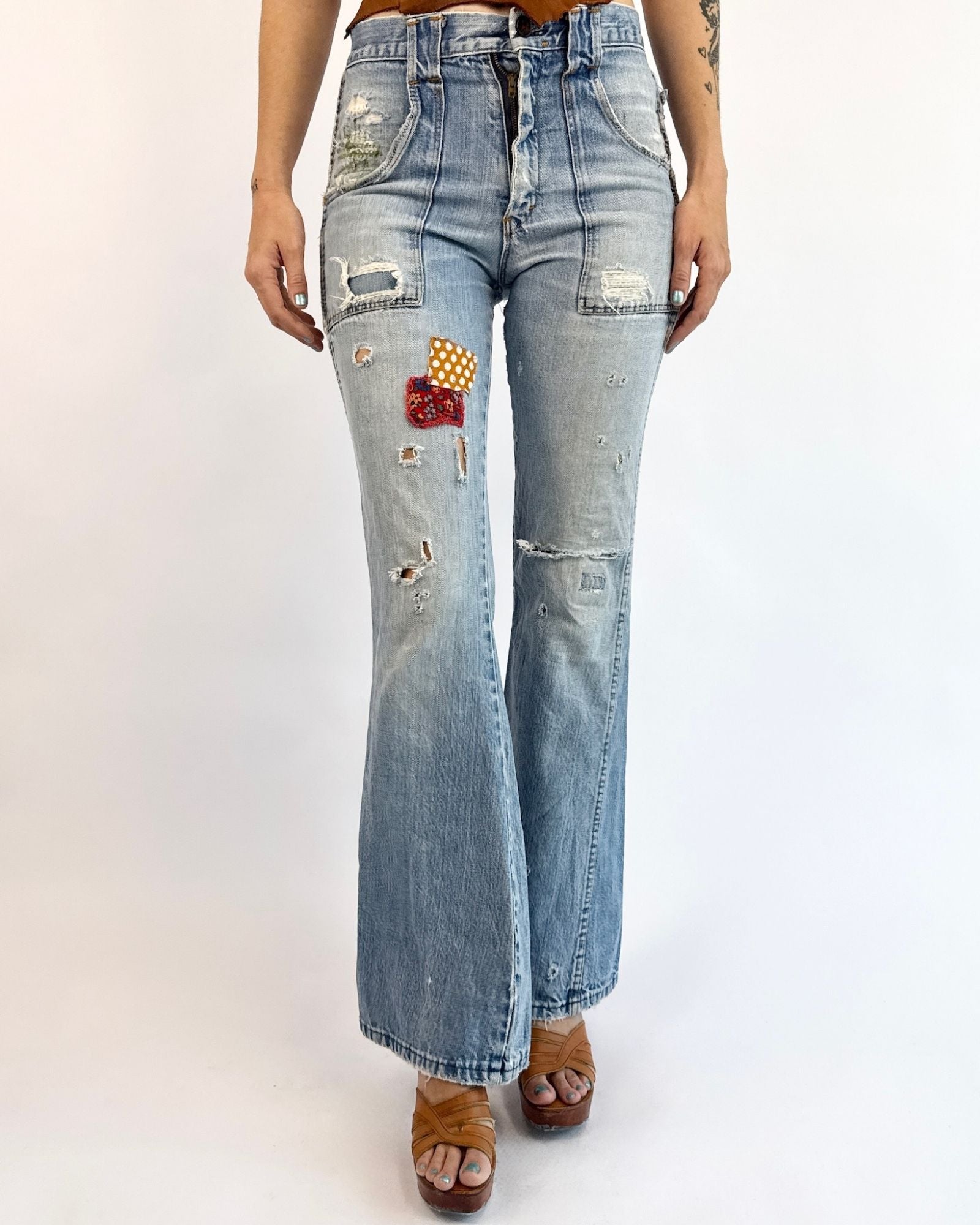 70s Pick of the Patch Denim Bell Bottoms