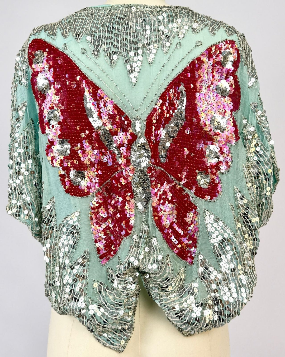 Aqua and Red Sequin Butterfly Blouse