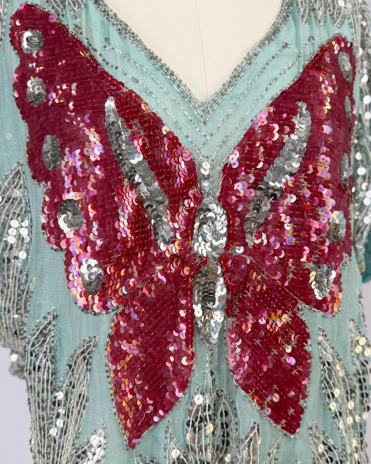 Aqua and Red Sequin Butterfly Blouse