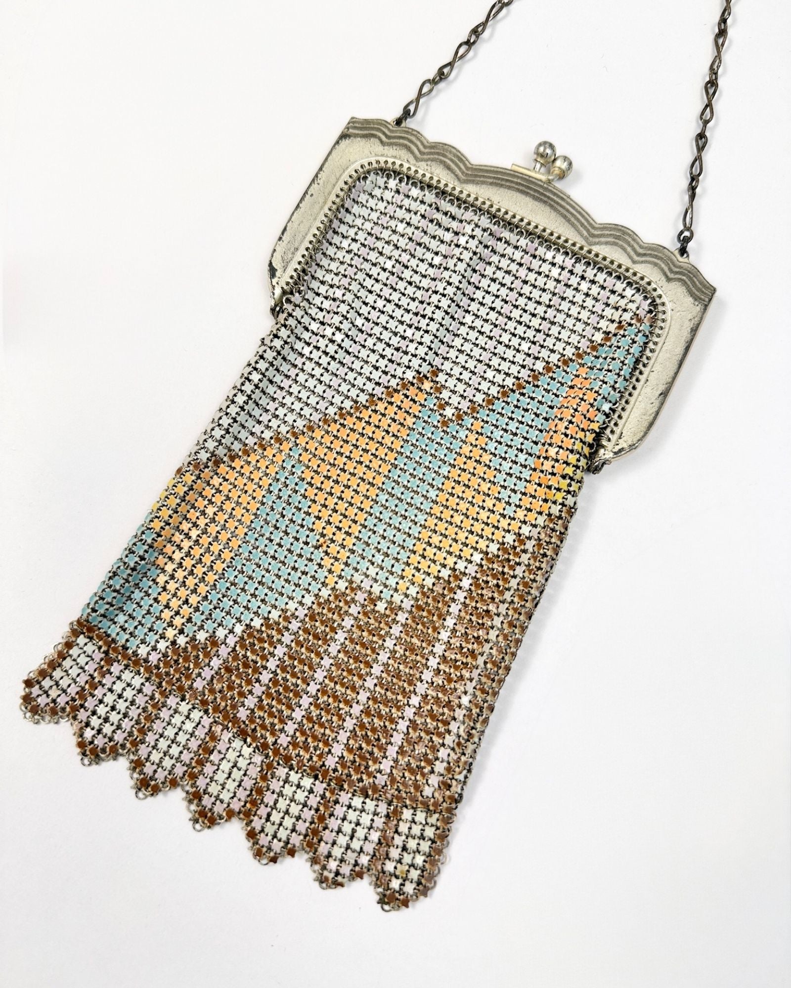Whiting and Davis 20s Brown Yellow Coral Mesh Bag