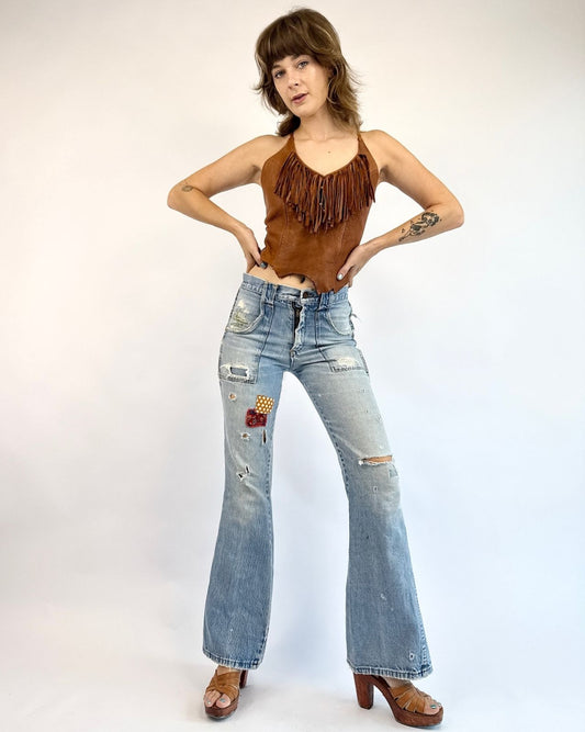 70s Pick of the Patch Denim Bell Bottoms
