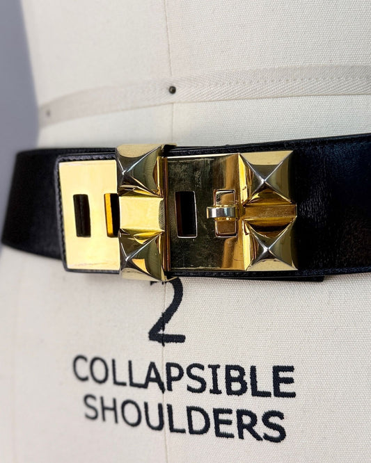 Black Leather Gold Studded Belt