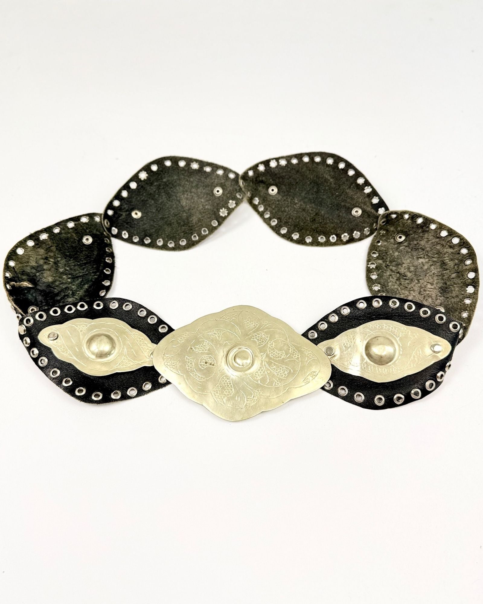 Black Leather Belt with Silver Etched Buckle