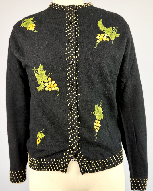 1950s Black Wool Golden Grape Embroidery Cardigan
