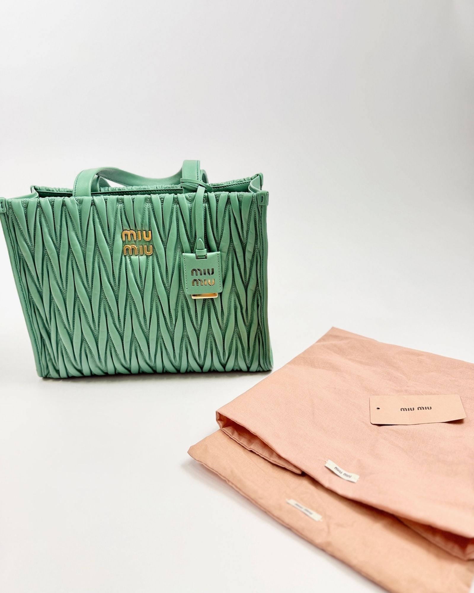 Miu Miu Matelassé Nappa Leather Tote In Sage Green