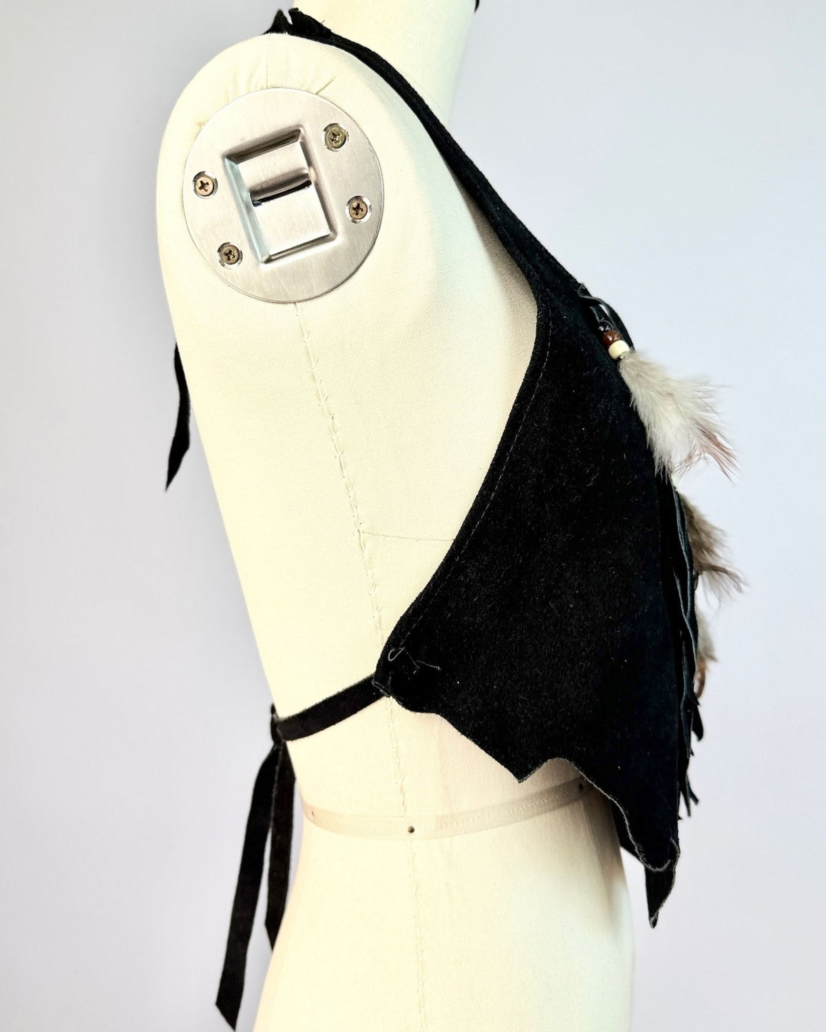 Black Suede Fringe Feather Halter Top