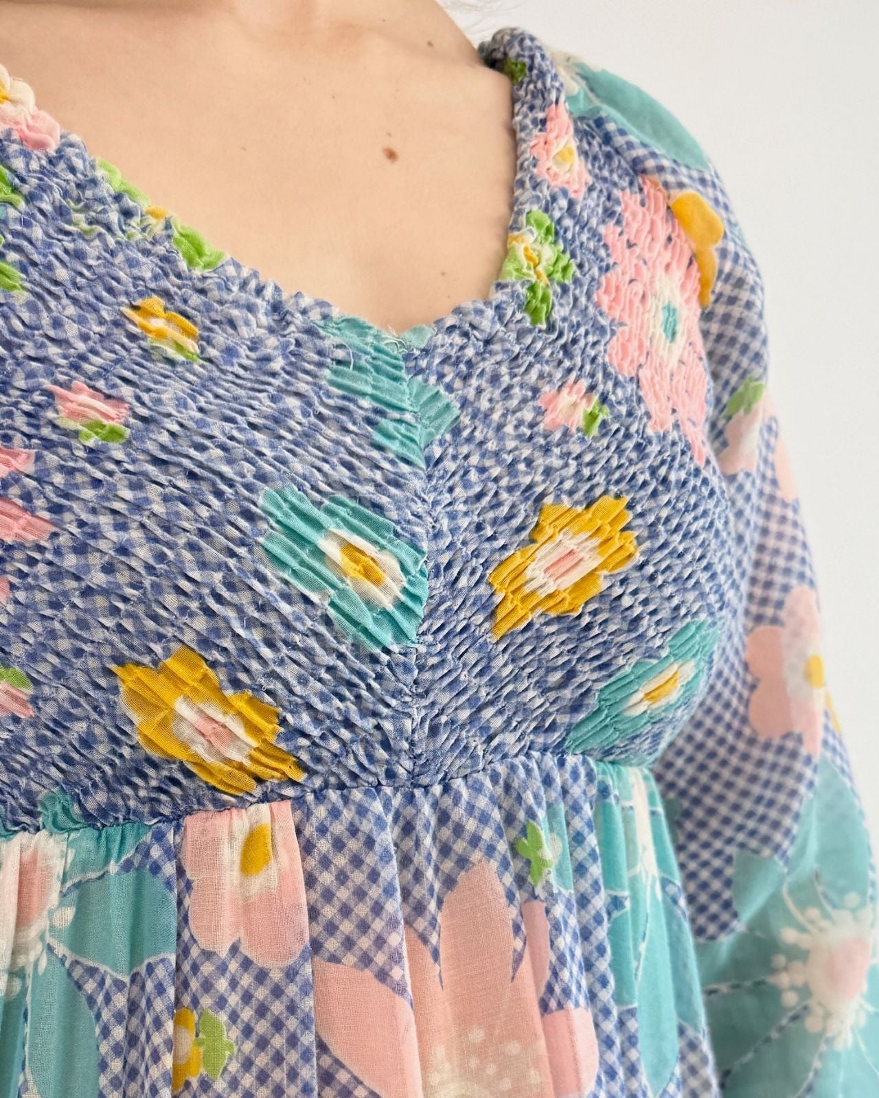 70s Floral Flurry Gingham Maxi Dress