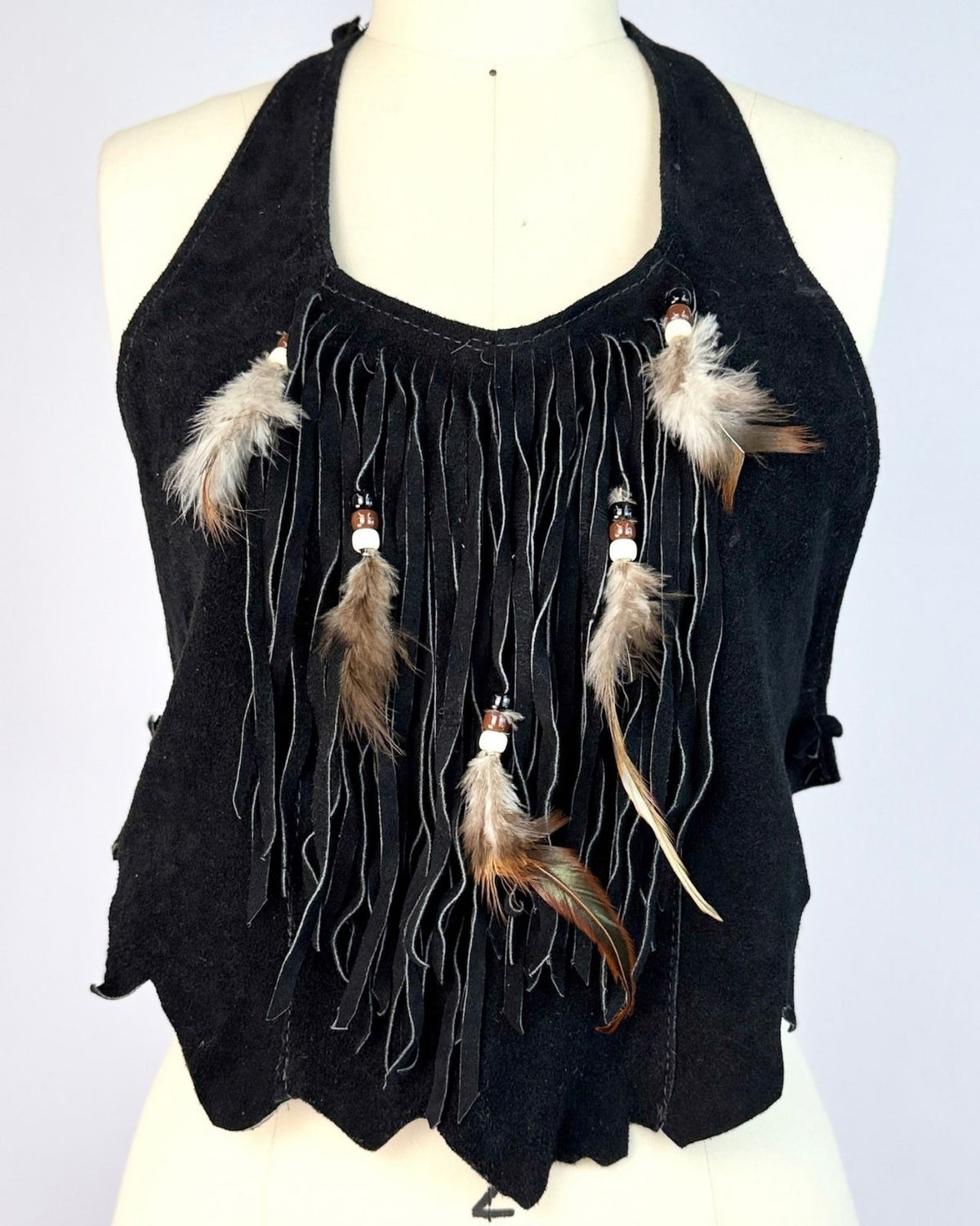 Black Suede Fringe Feather Halter Top