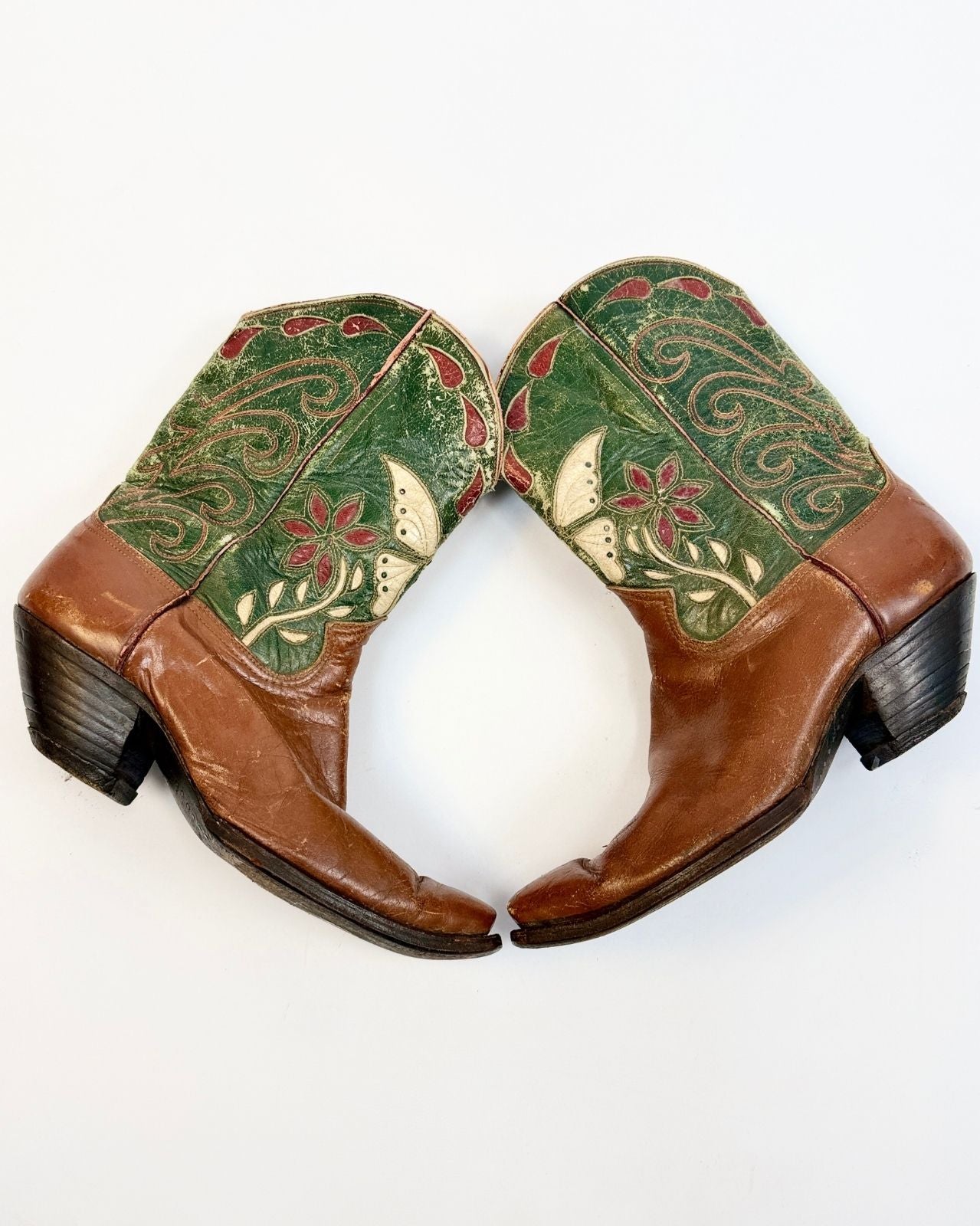 50s Brown and Green Butterfly Cowboy Boots