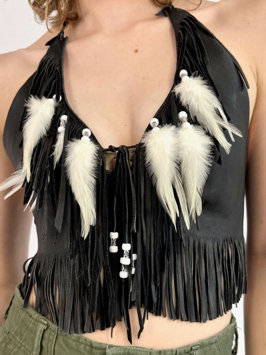 Let The Music Play Leather Feather Halter Top