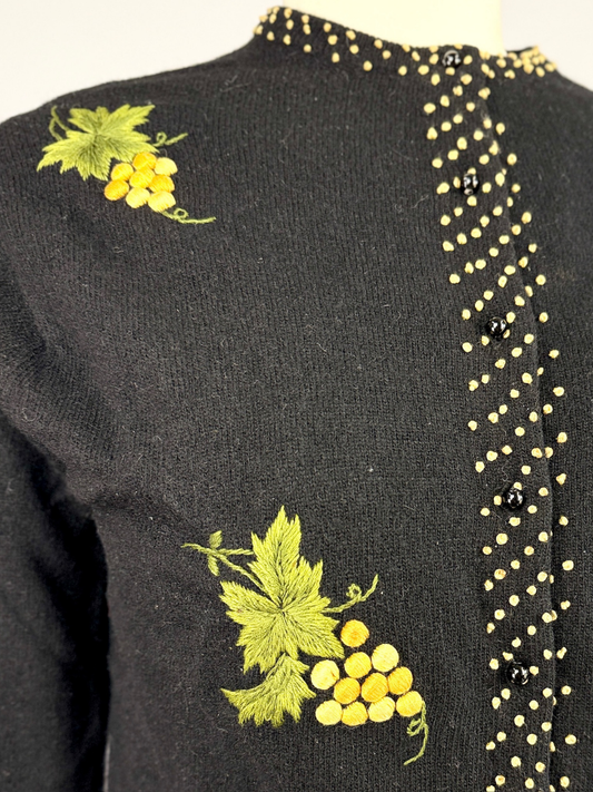 1950s Black Wool Golden Grape Embroidery Cardigan
