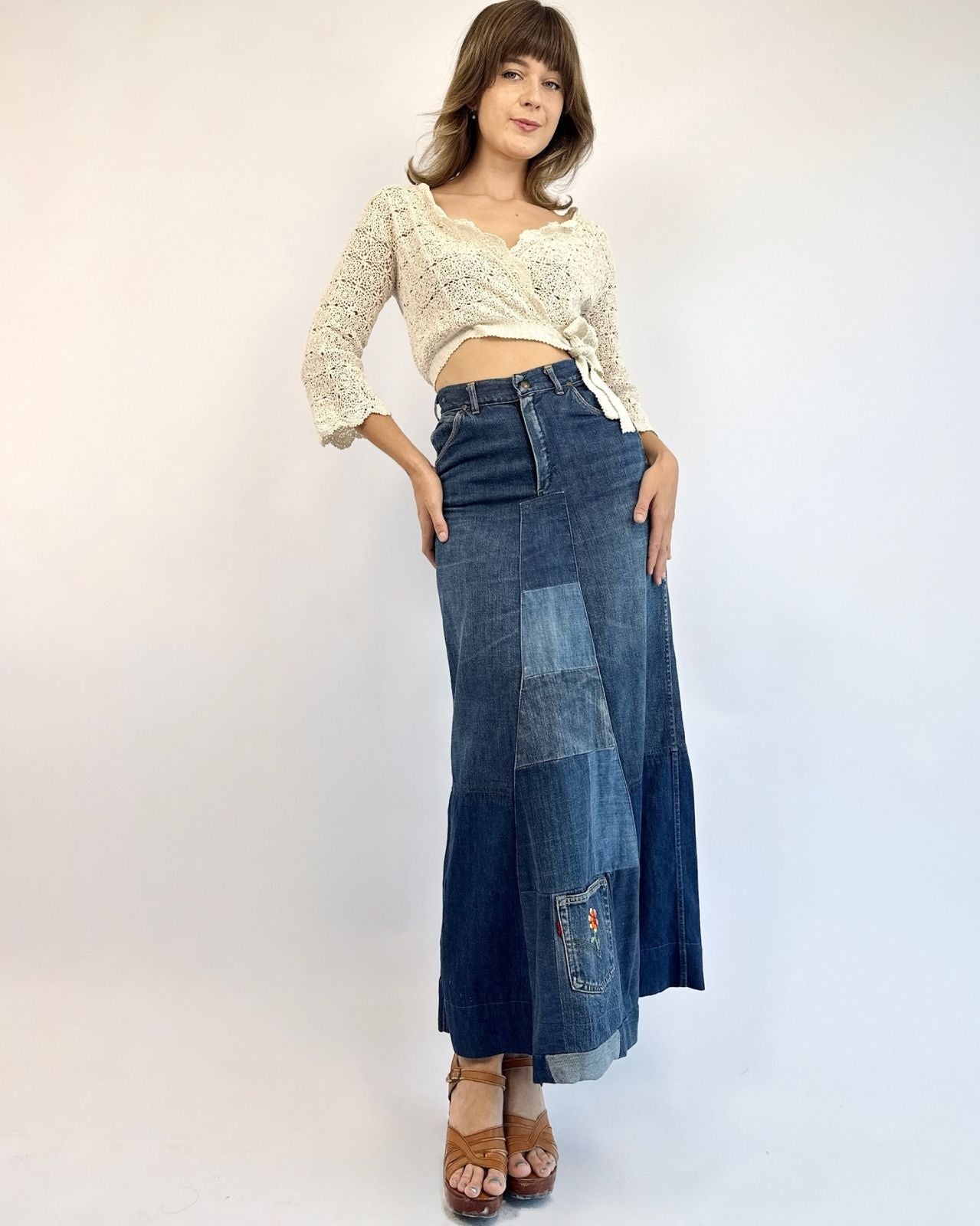 Pocket Full of Sunshine Denim Patchwork Maxi Skirt