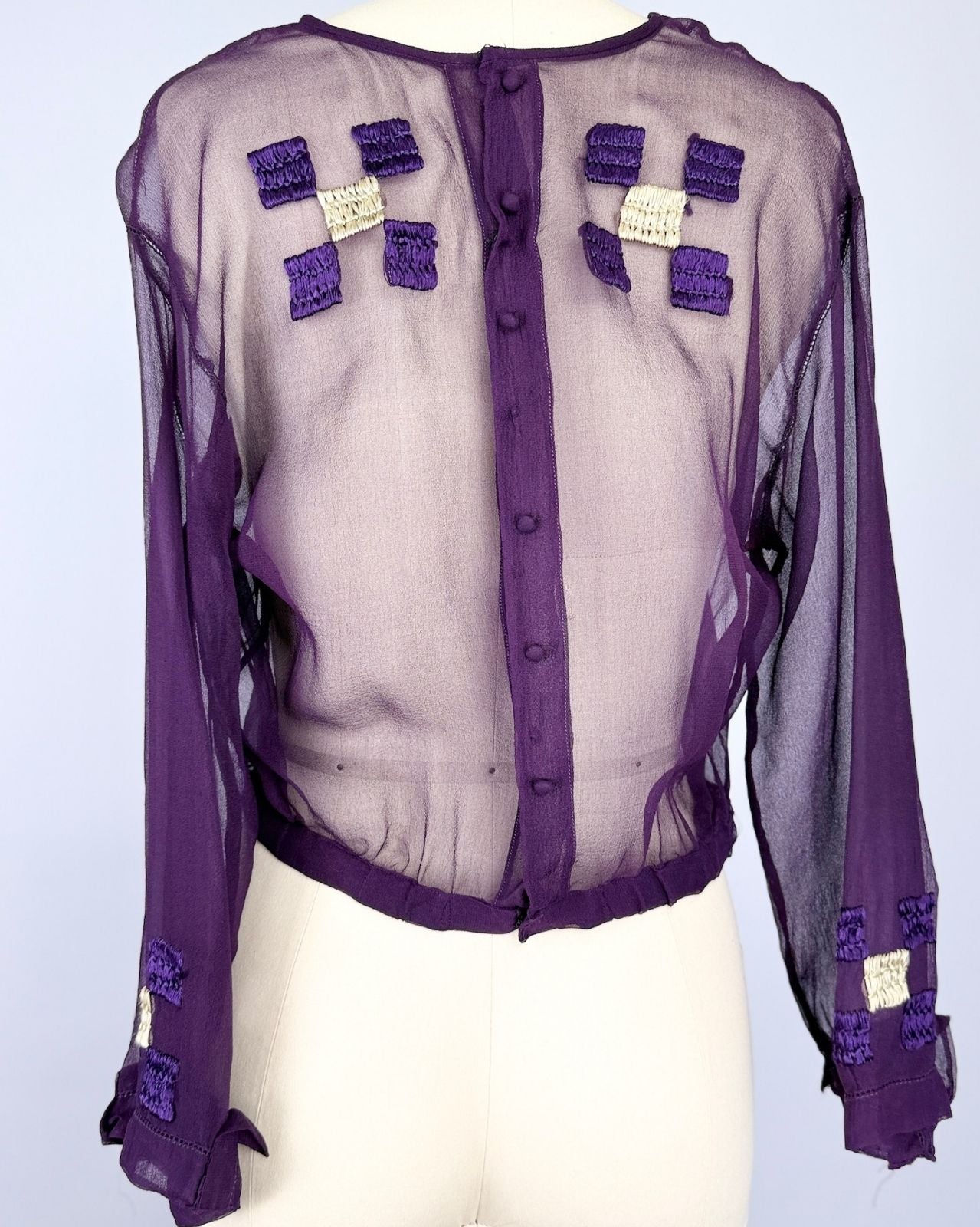1920s Eggplant Purple Silk Embroidered Blouse