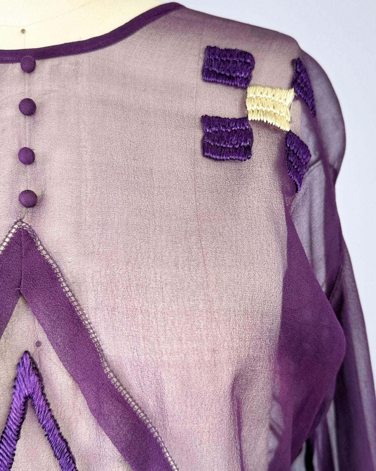 1920s Eggplant Purple Silk Embroidered Blouse