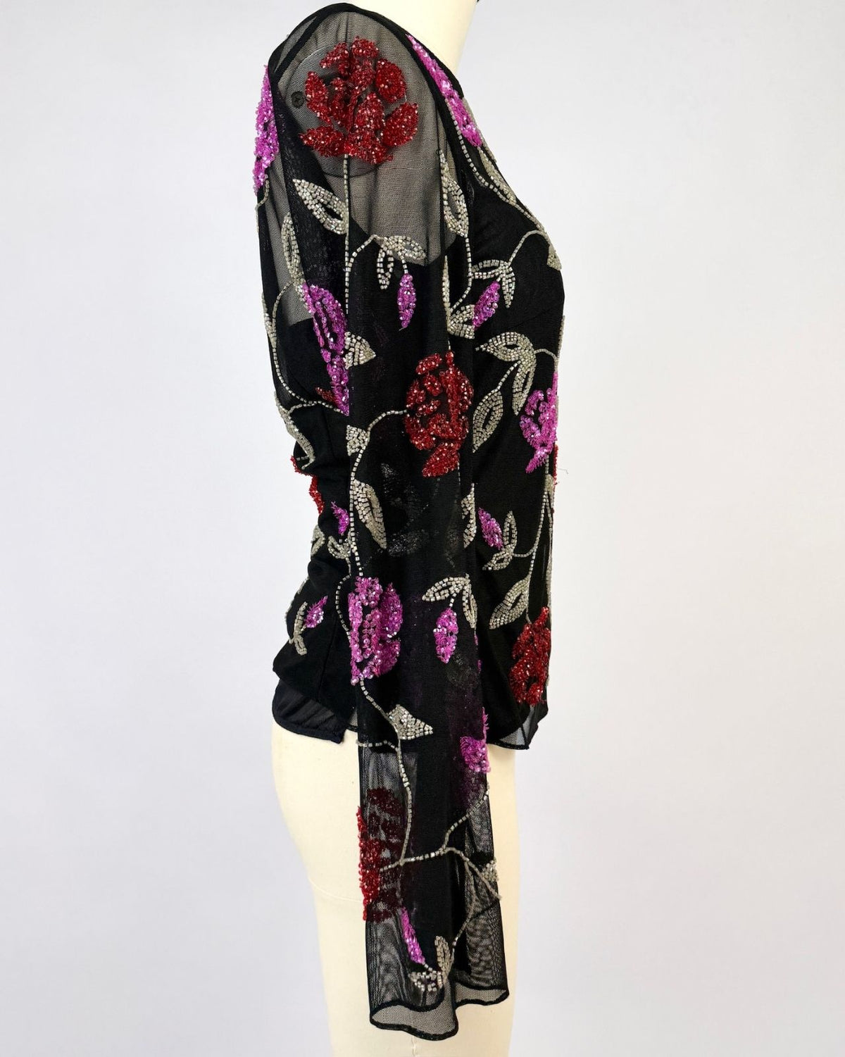 Black Mesh Sequin Floral Top