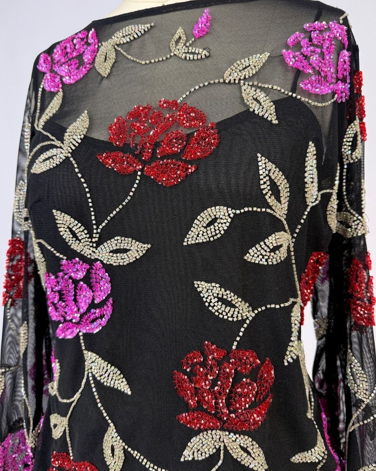 Black Mesh Sequin Floral Top
