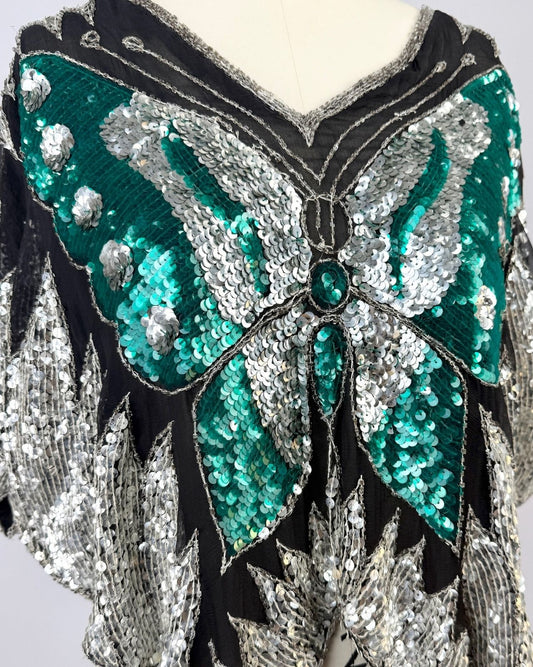 Silver and Emerald Sequin Butterfly Blouse