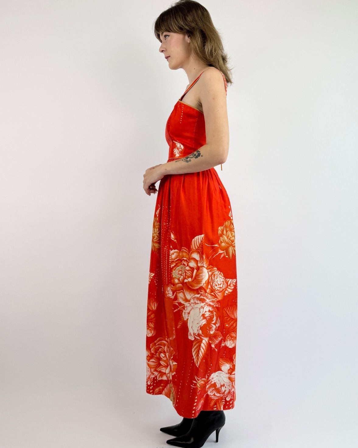 Hanae Mori Fiery Florals Silk Gown