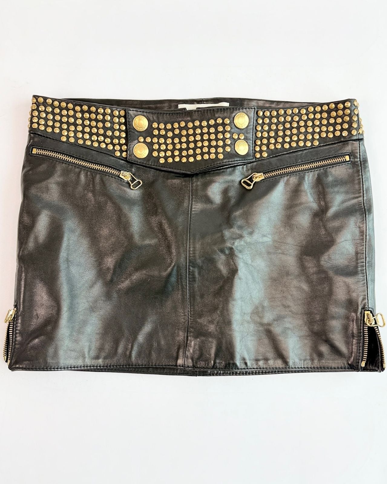 Balmain Black Leather Studded Mini Skirt