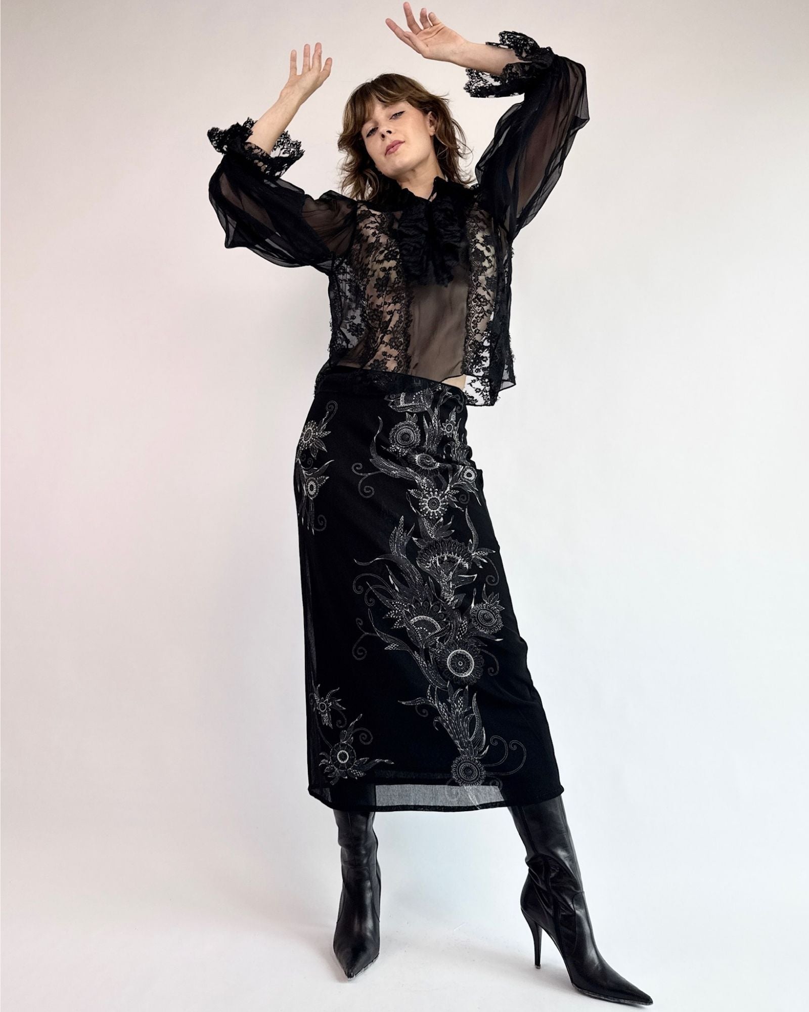 Vivienne Tam Faint Florals Mesh Skirt