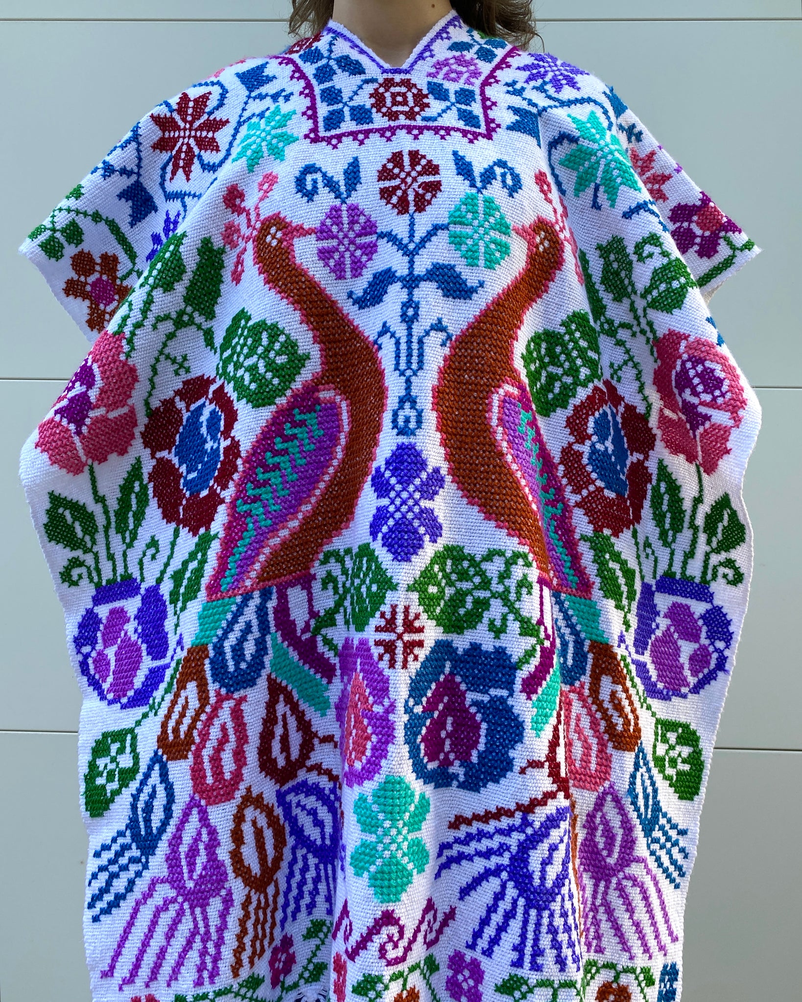 Peacock Daydream Cross Stitch Knit Poncho