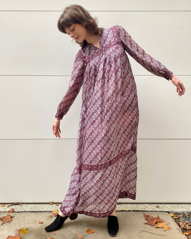 Maroon Reverie 70's Indian Silk Maxi Dress