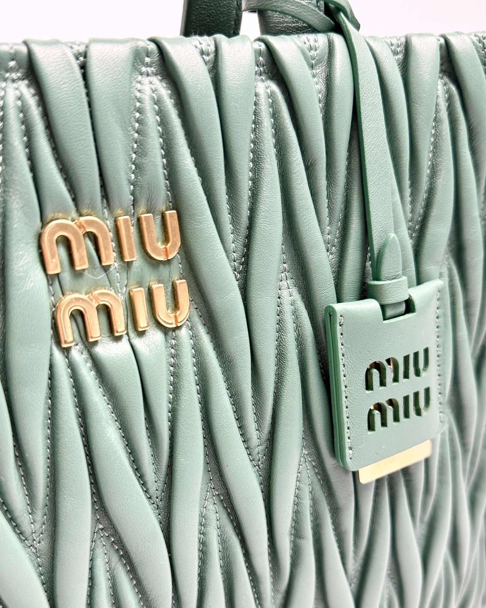 Miu Miu Matelassé Nappa Leather Tote In Sage Green