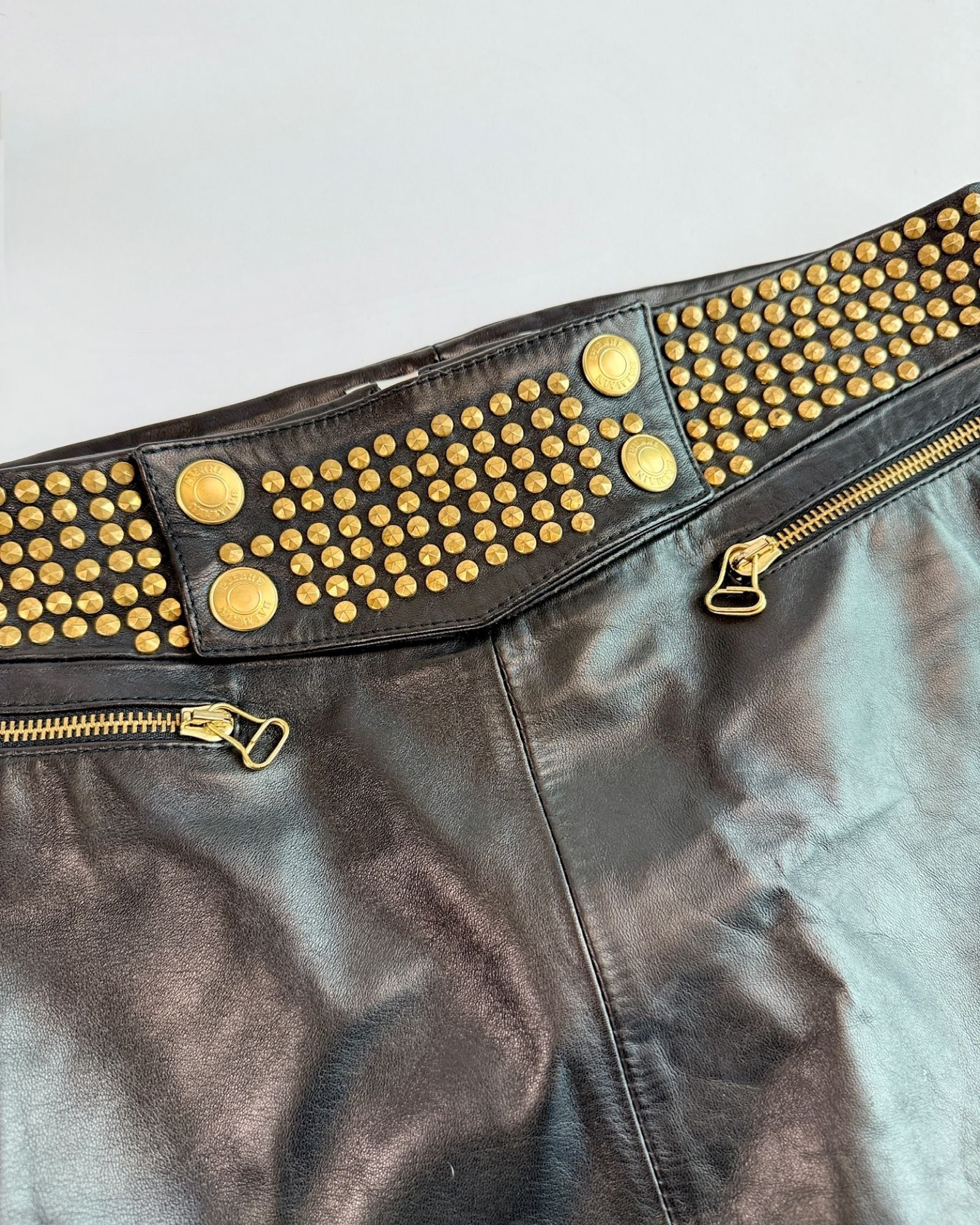 Balmain Black Leather Studded Mini Skirt