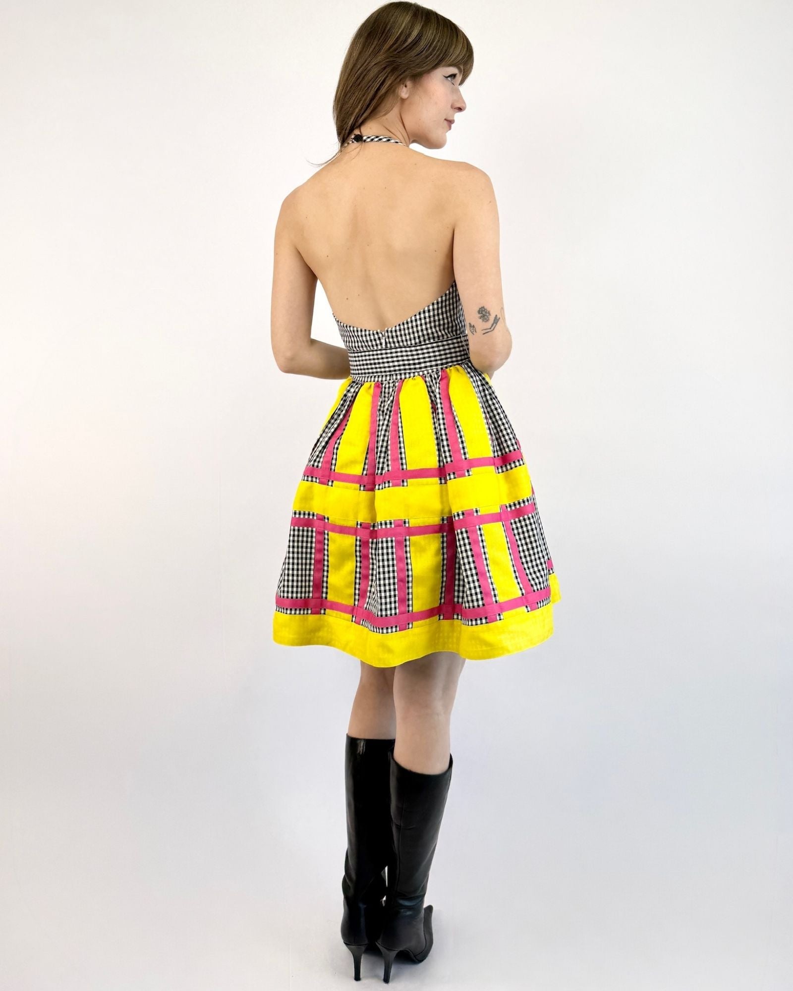 Bill Blass Crossing Colors Gingham Halter Dress