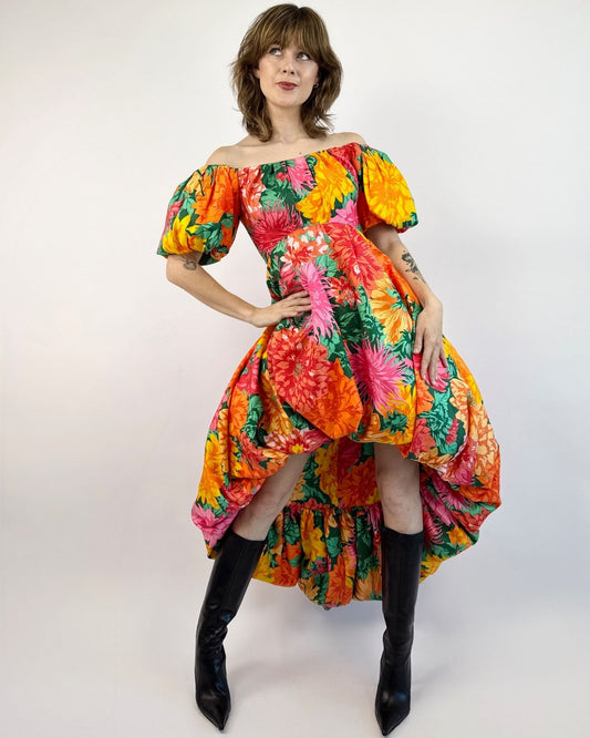 1987 Scaasi Bubbly Bouquet Silk Gown