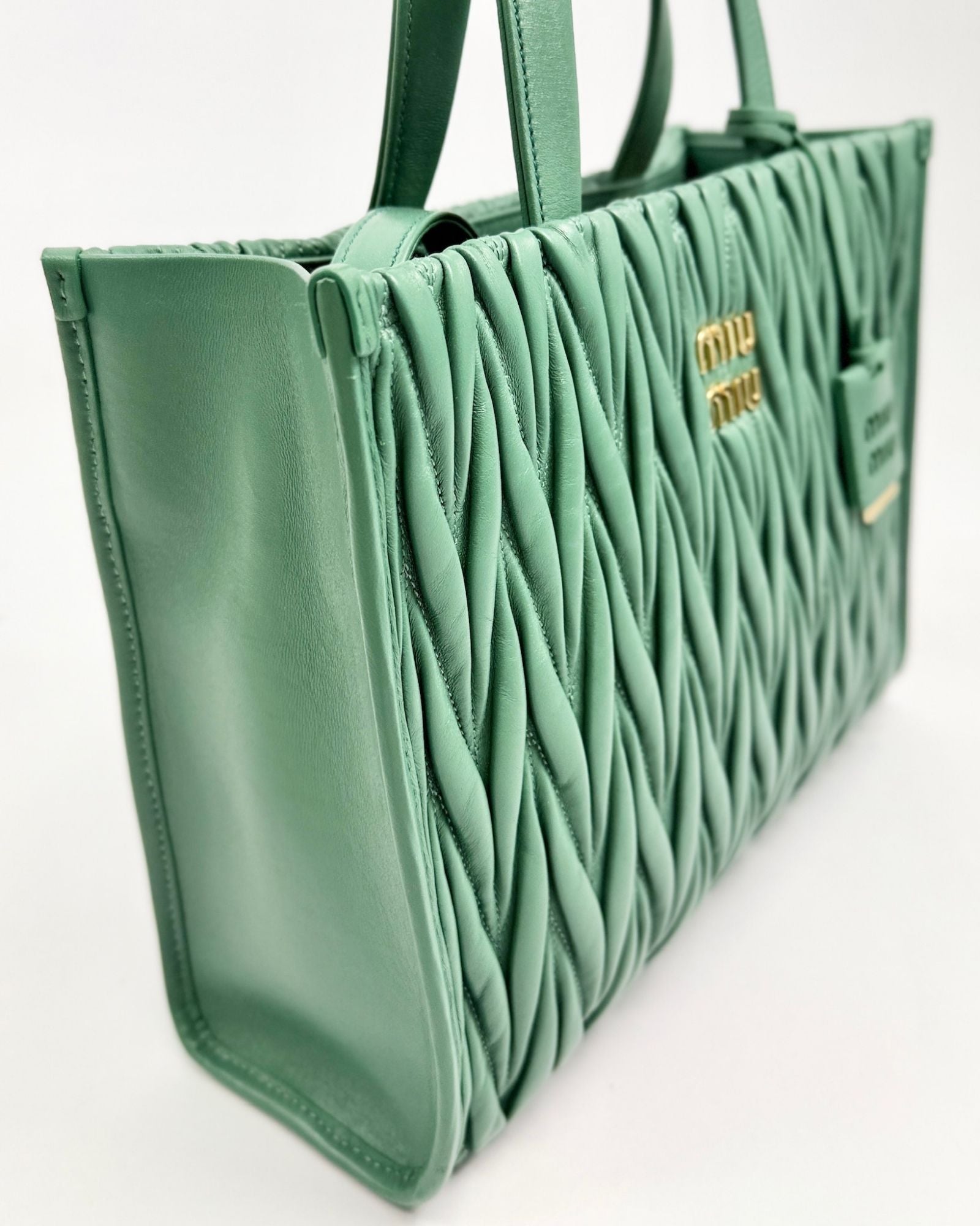 Miu Miu Matelassé Nappa Leather Tote In Sage Green