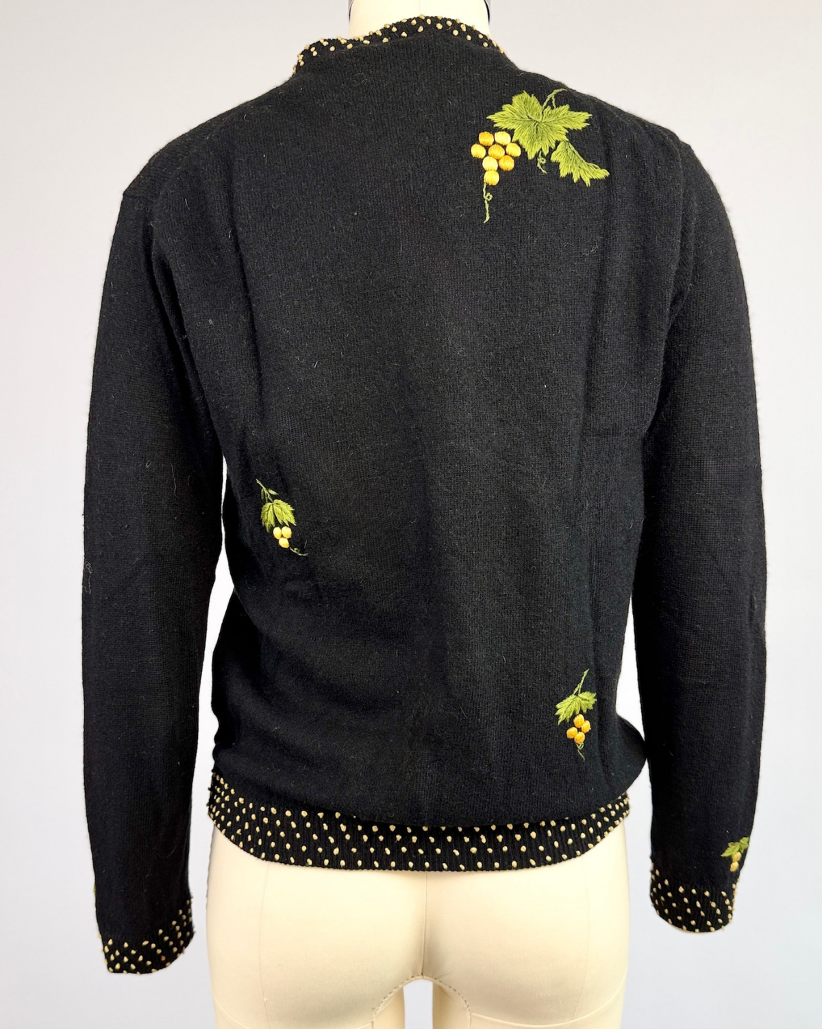 1950s Black Wool Golden Grape Embroidery Cardigan