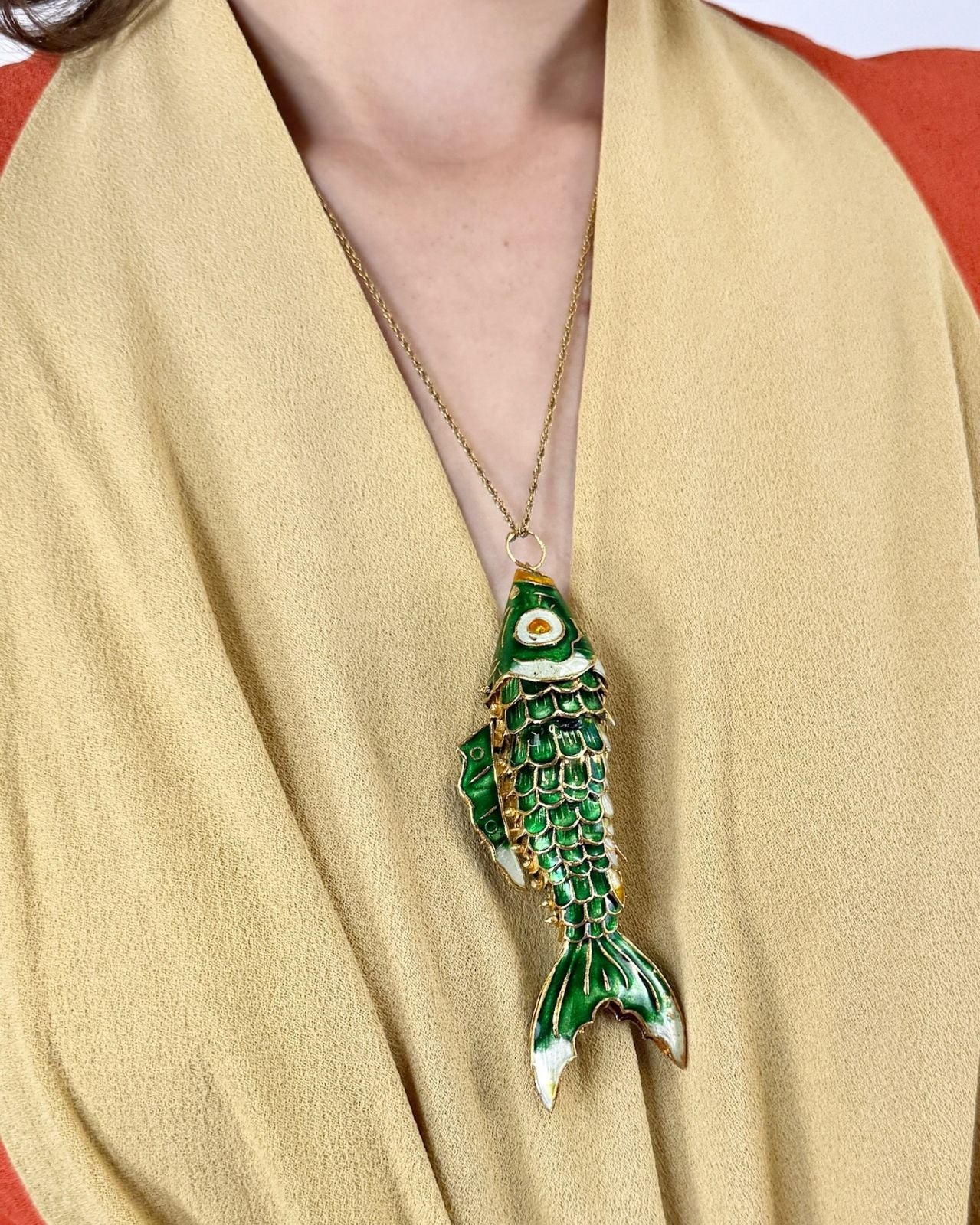 Cloissone Articulated Green Fish Necklace