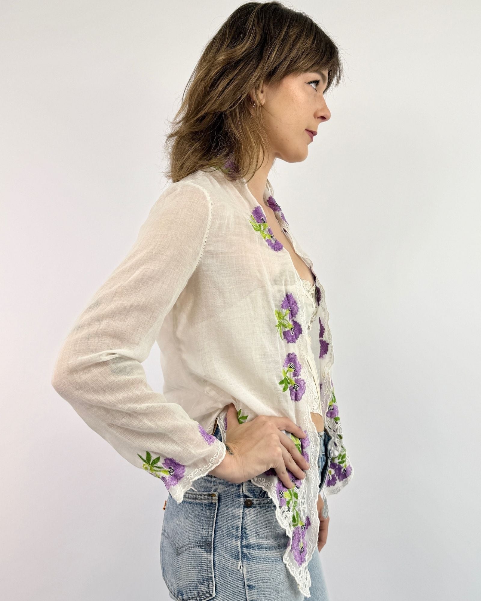 1930s Lavender Love Notes Embroidered Voile Blouse