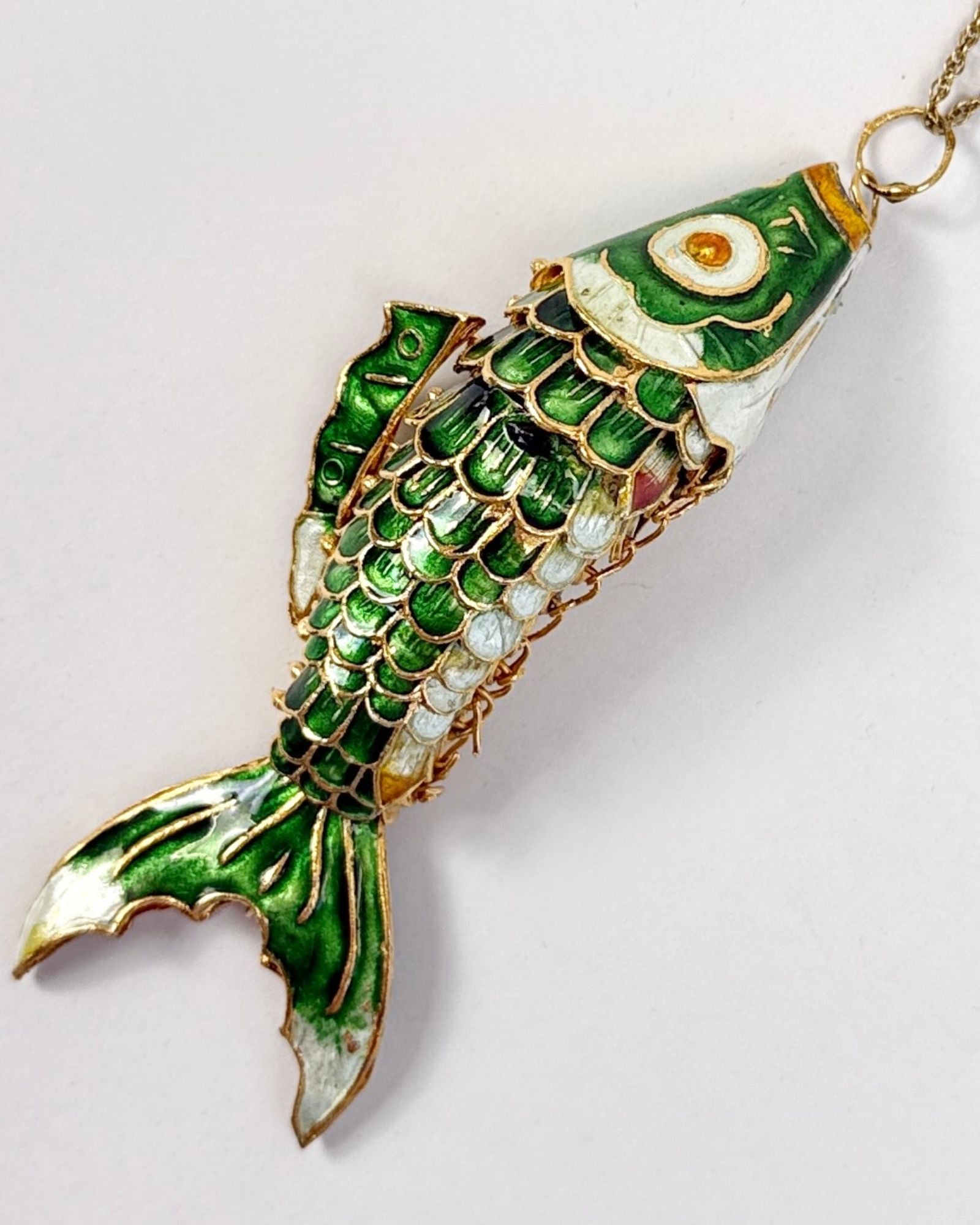Cloissone Articulated Green Fish Necklace