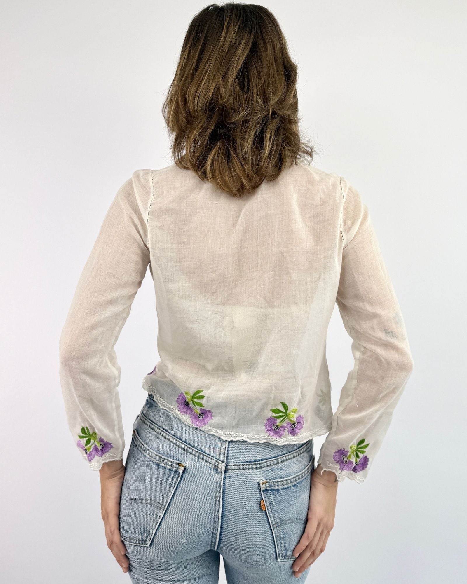 1930s Lavender Love Notes Embroidered Voile Blouse