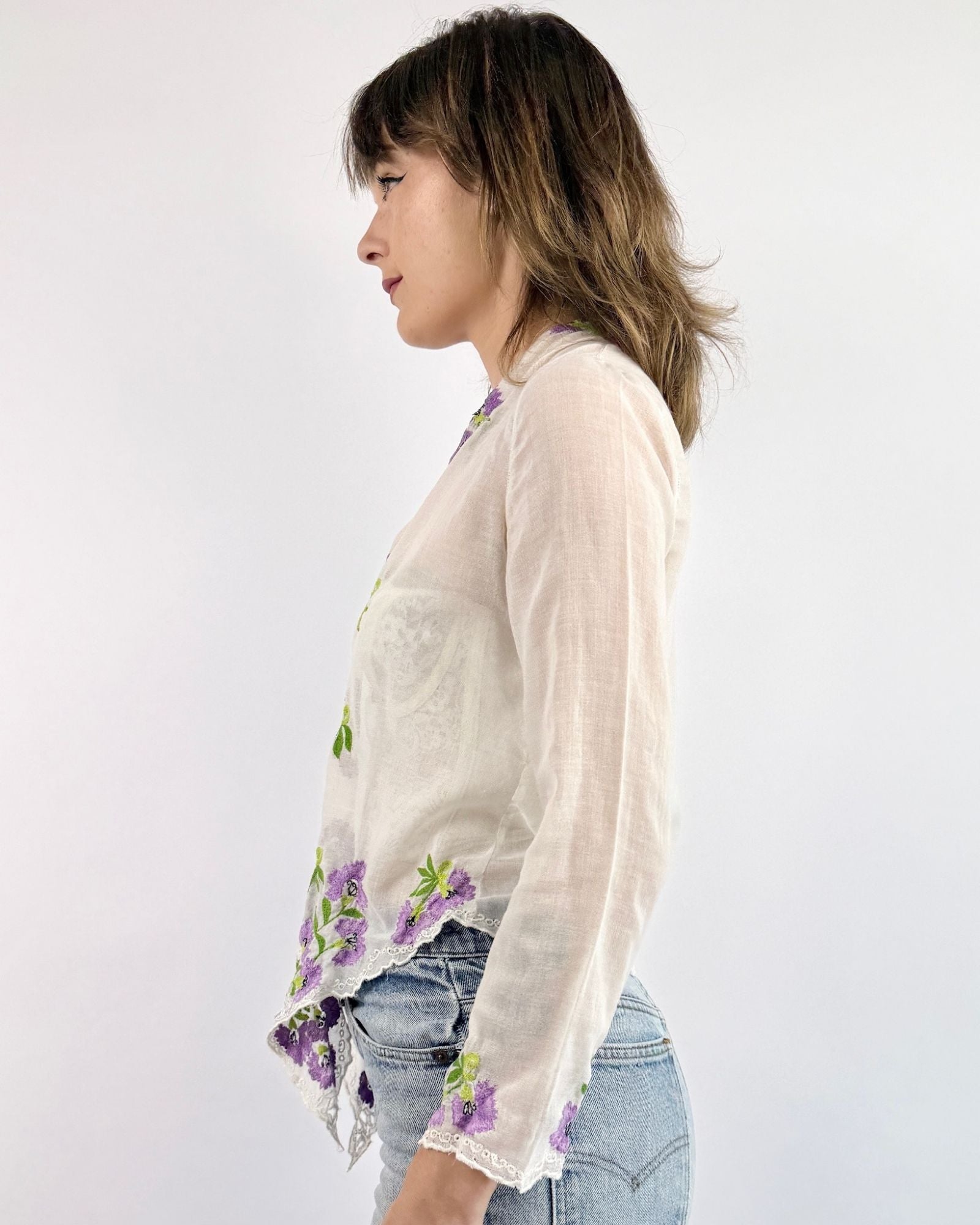 1930s Lavender Love Notes Embroidered Voile Blouse