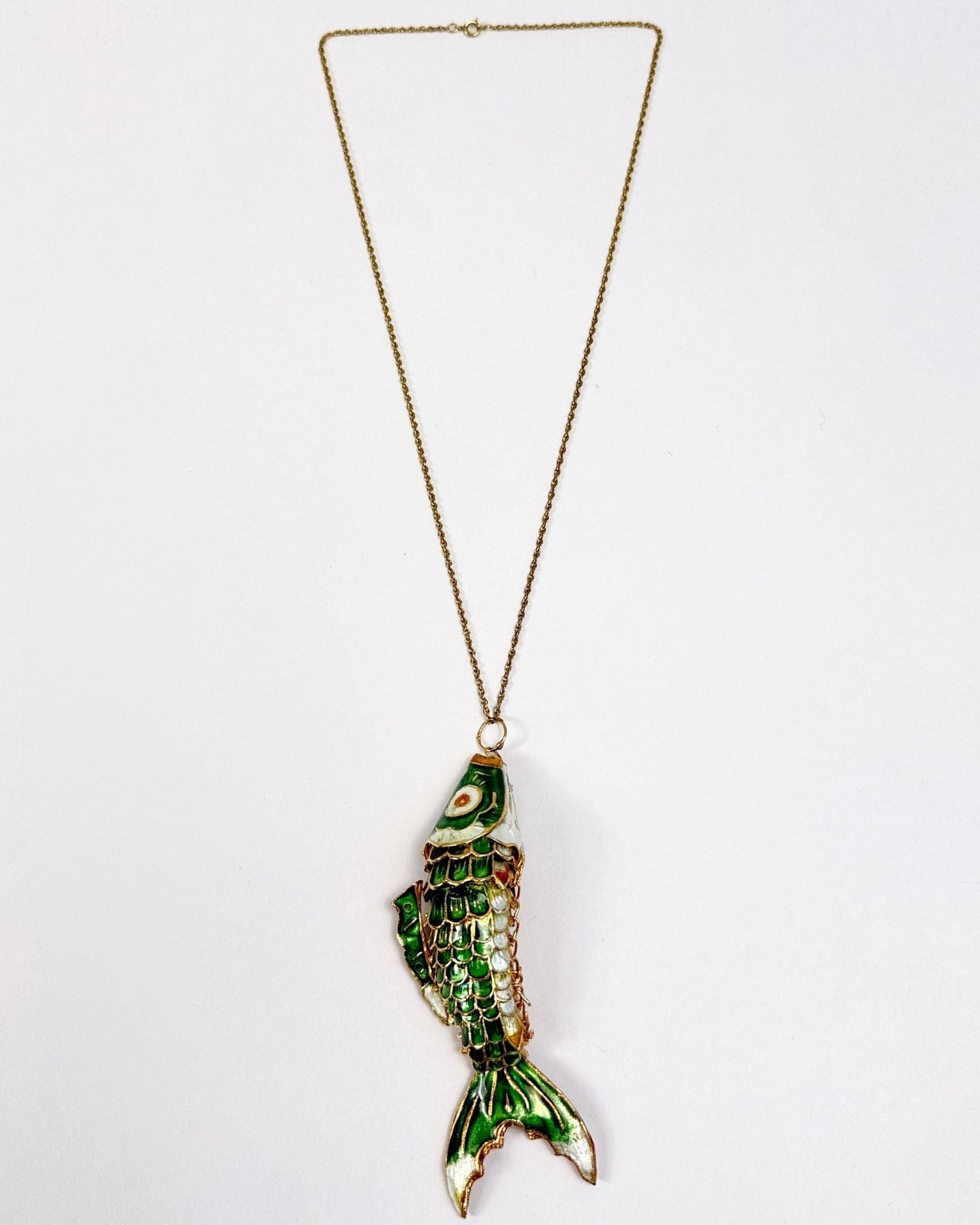 Cloissone Articulated Green Fish Necklace
