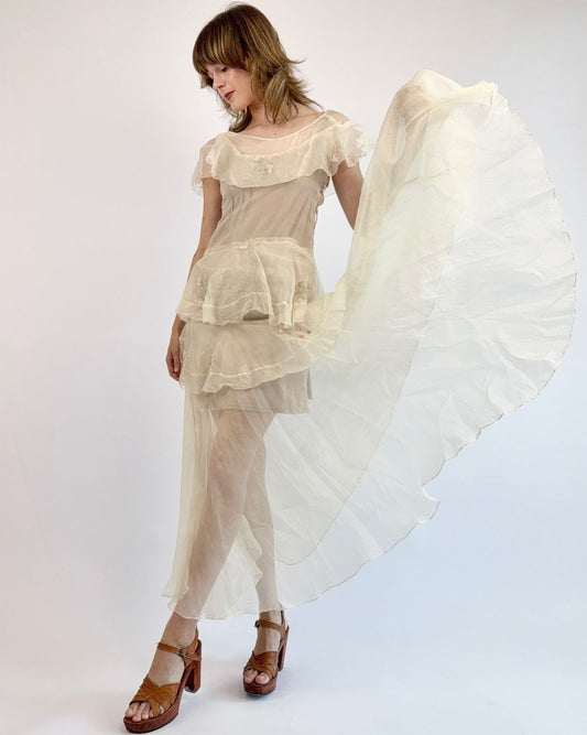 1930s Everlasting Love Voile Embroidered Gown