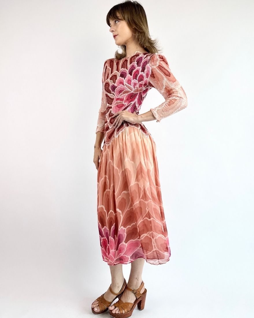 Hanae Mori Crystal Gardens Silk Dress