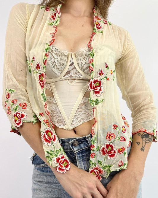 1930s Won't You Bloom Embroidered Voile Blouse