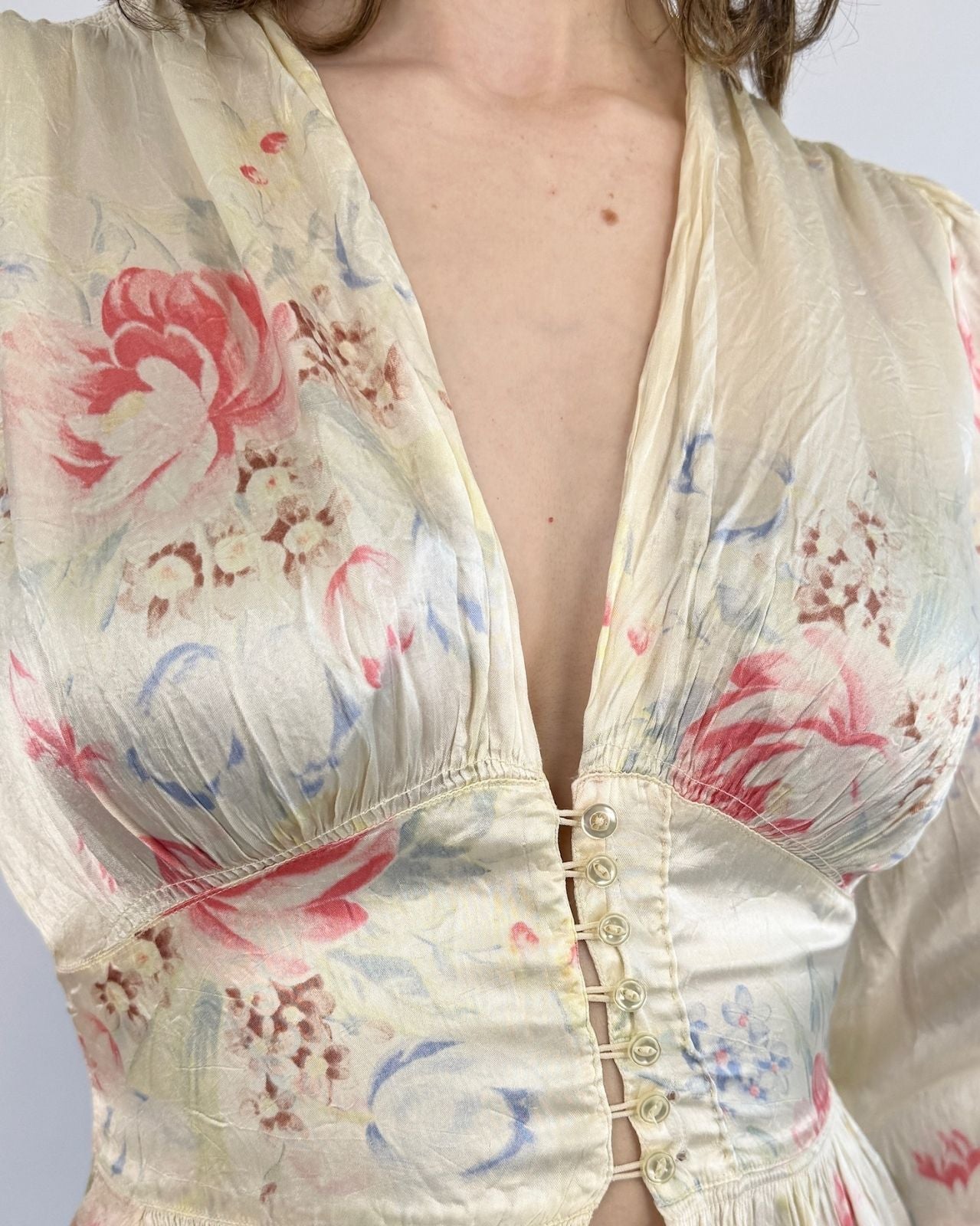 1930s Button Up Buttercup Satin Robe