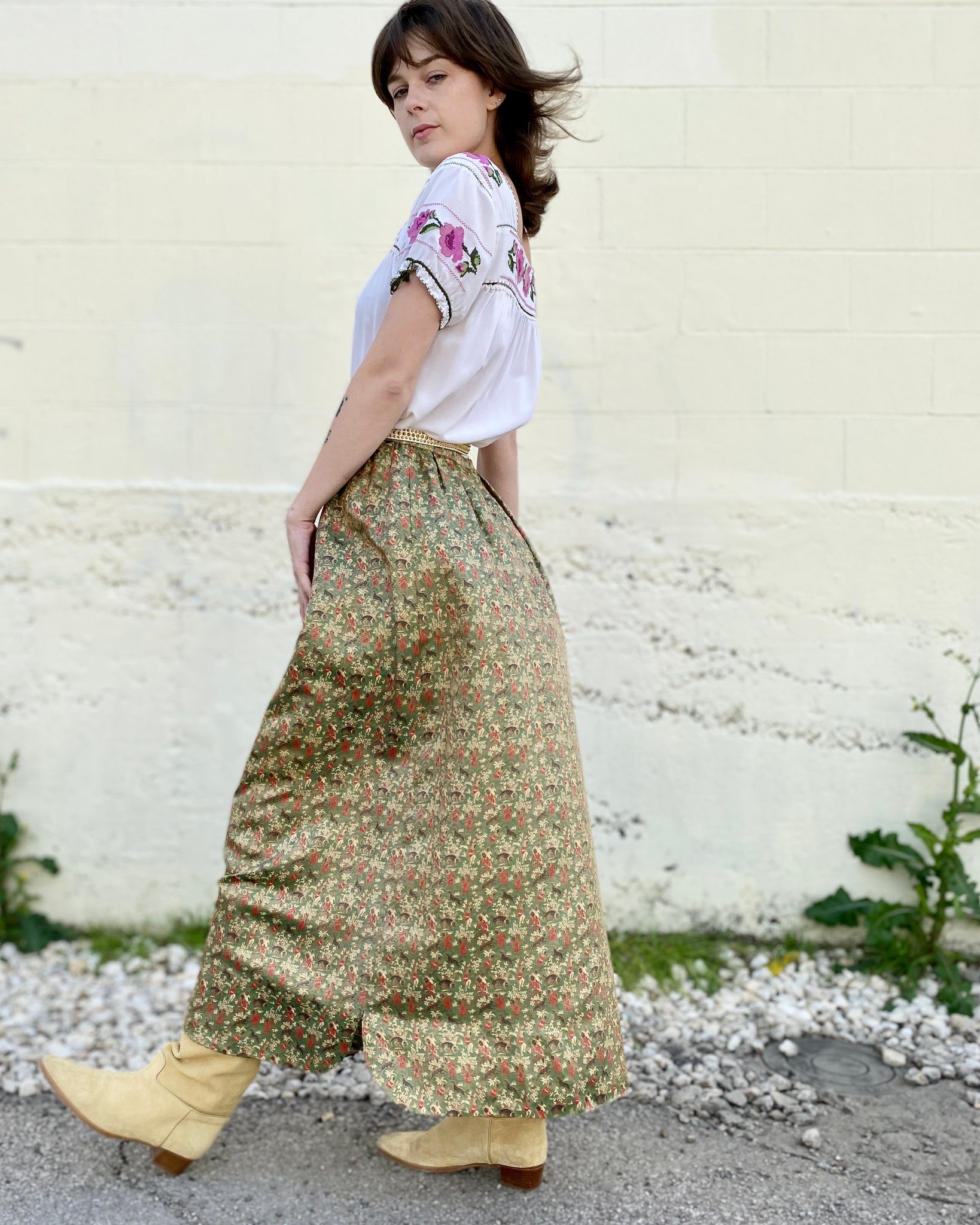 Pastoral Print Silk Maxi Skirt