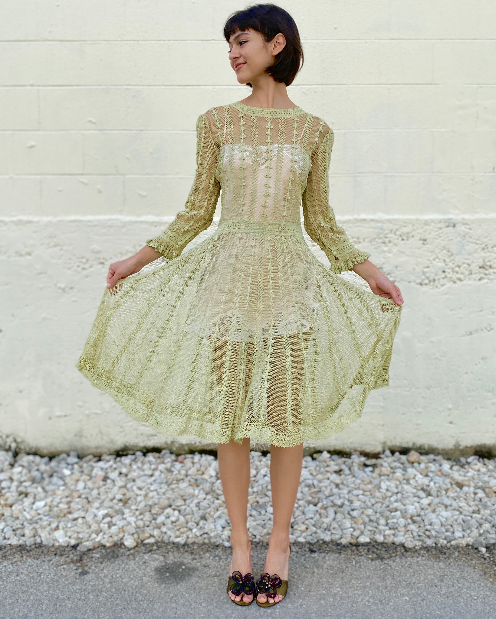 Tea For Two Sage Crochet Knit Doily Dress