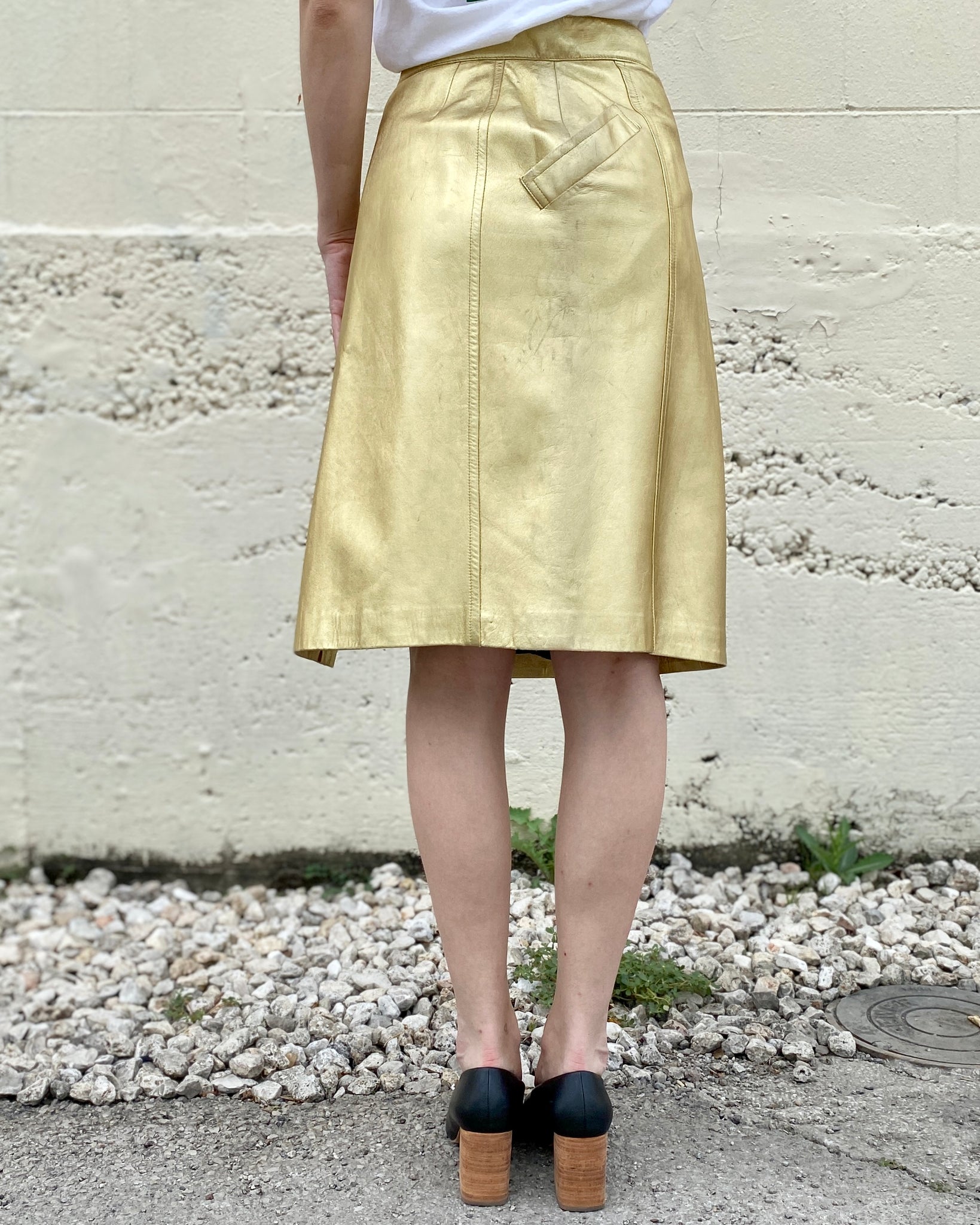 We're In The Money Gold Leather Yves Saint Laurent Skirt