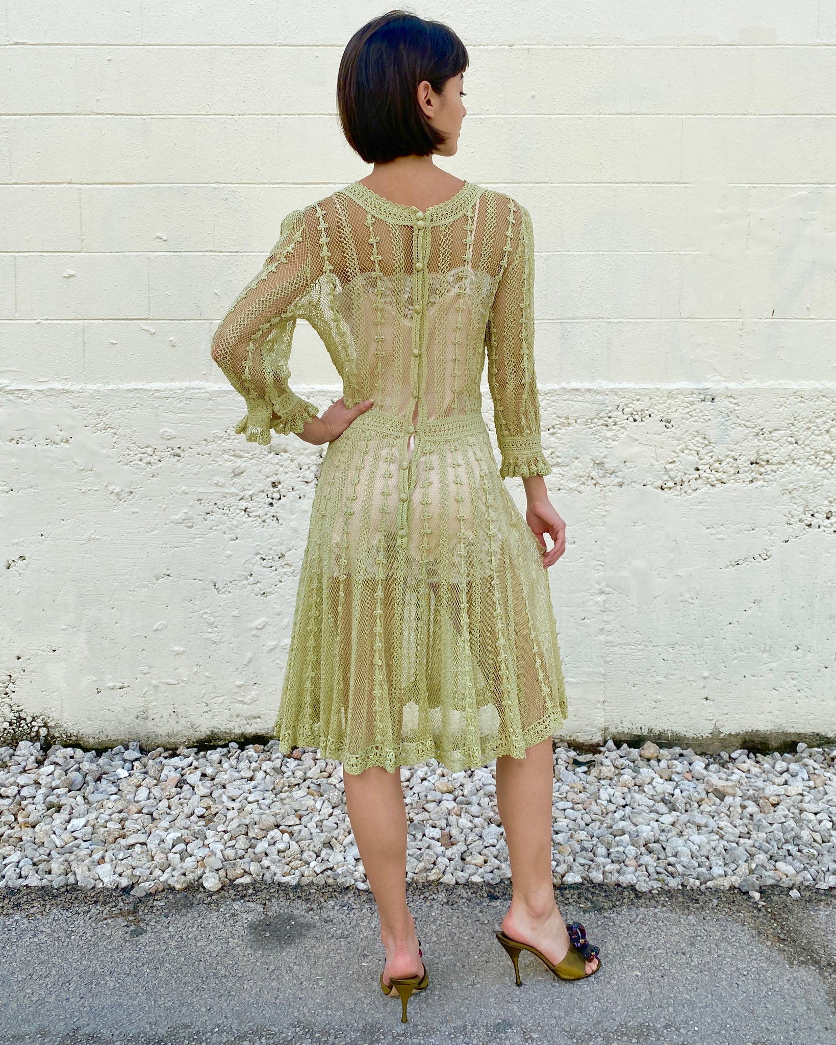 Tea For Two Sage Crochet Knit Doily Dress