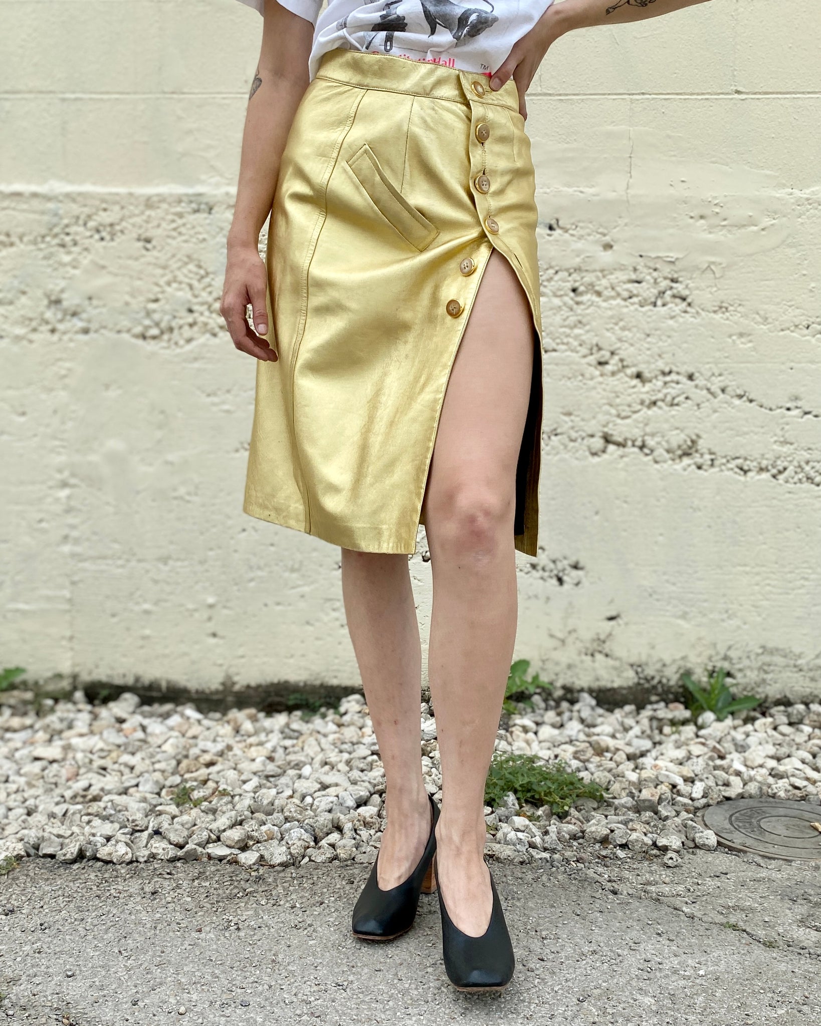 We're In The Money Gold Leather Yves Saint Laurent Skirt